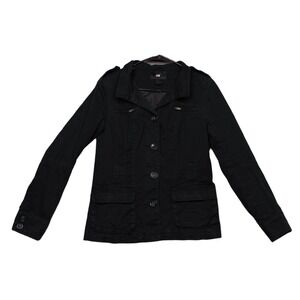 HM Womens Black Military Utility Jacket Size 4 Button Front Epaulettes Pocketed
